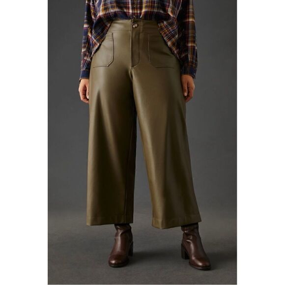 NEW Anthropologie Maeve Colette Moss Cropped Wide-Leg Faux Leather Pants Size 32 - Picture 6 of 8